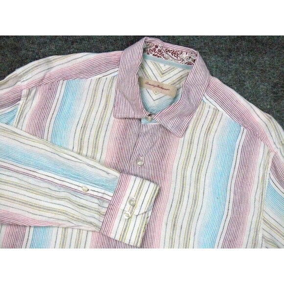 Tommy Bahama‎ Shirt Mens Large Red Blue Stripes Linen - Picture 1 of 12